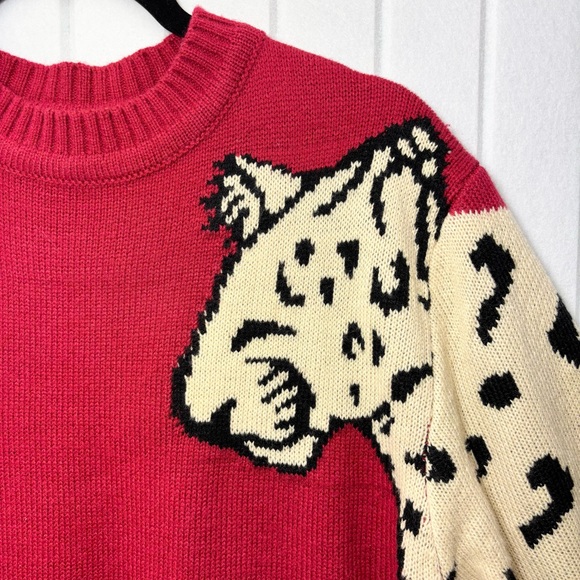 Leopard Print Knitted Red Pullover Sweater Size L - Picture 3 of 11